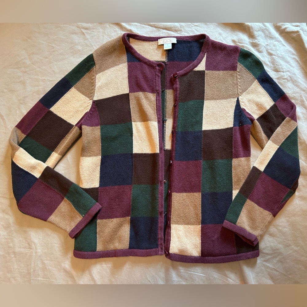 Christopher & Banks Plaid Button Cardigan Sweater Small Ramie Cotton